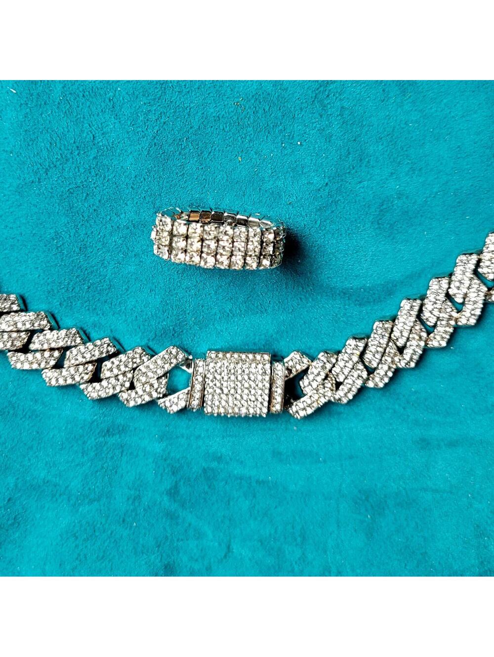 Silver Tone Rhinestone Chain Necklace and Ring Set